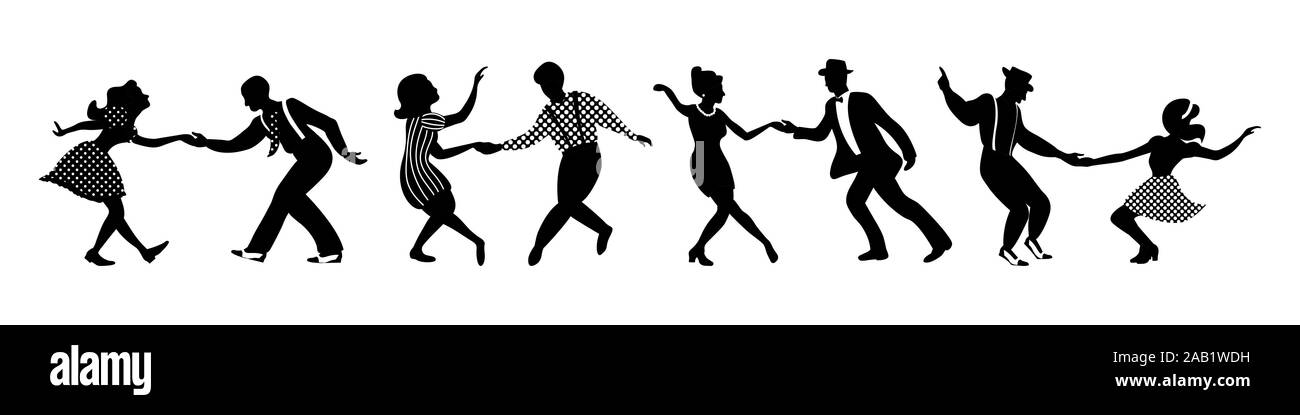 Bannière avec quatre couples de danseurs de silhouettes noires sur fond blanc. Les gens en 1940 ou 1950. Vector illustration. Illustration de Vecteur