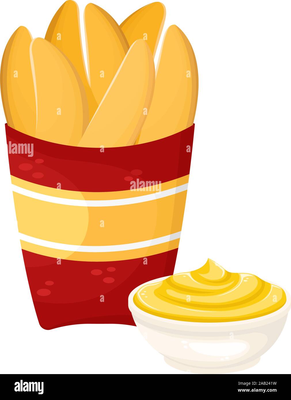 Tranches de pommes de terre frits délicieux dans l'emballage en carton avec sauce au fromage. Vector illustration de la restauration rapide. La malbouffe. Illustration de Vecteur