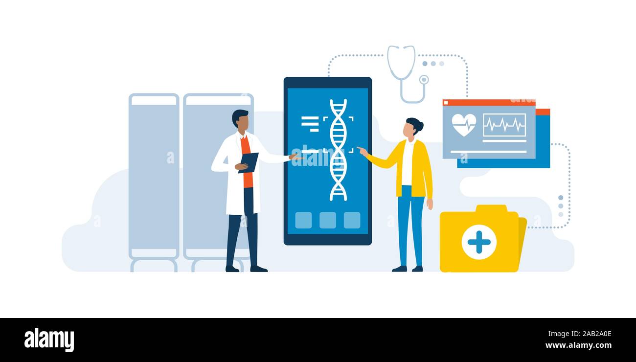 Médecin et patient à l'aide d'applications médicales pour le diagnostic et de faire un test d'ADN pour détecter les maladies, soins innovants concept Illustration de Vecteur