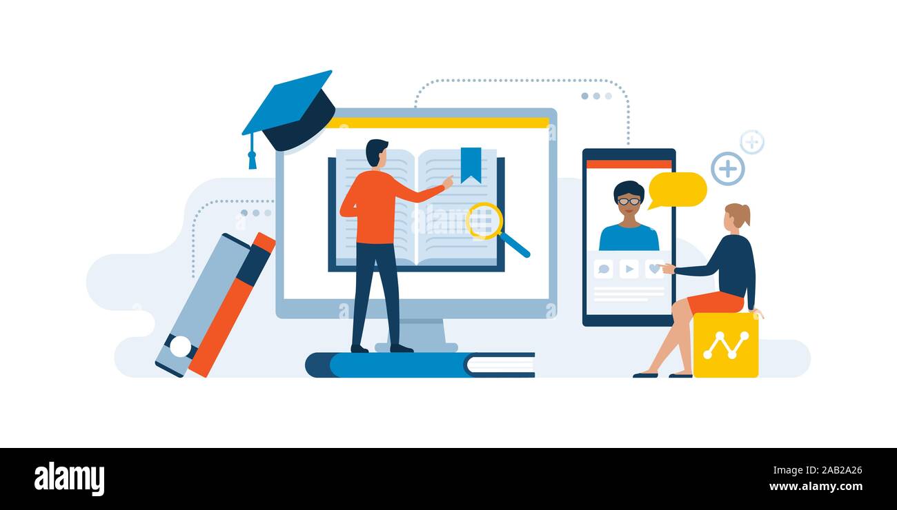 Les étudiants universitaires en ligne apprentissage sur ordinateur et smartphone : e-learning et cours en ligne concept Illustration de Vecteur