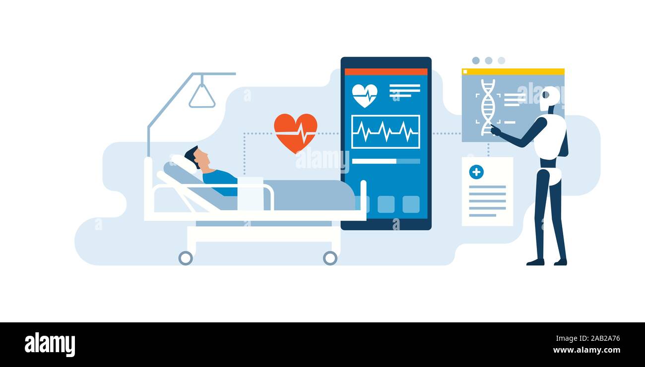 Robot IA examinant un patient à l'hôpital à l'aide d'applications médicales, soins innovants concept Illustration de Vecteur
