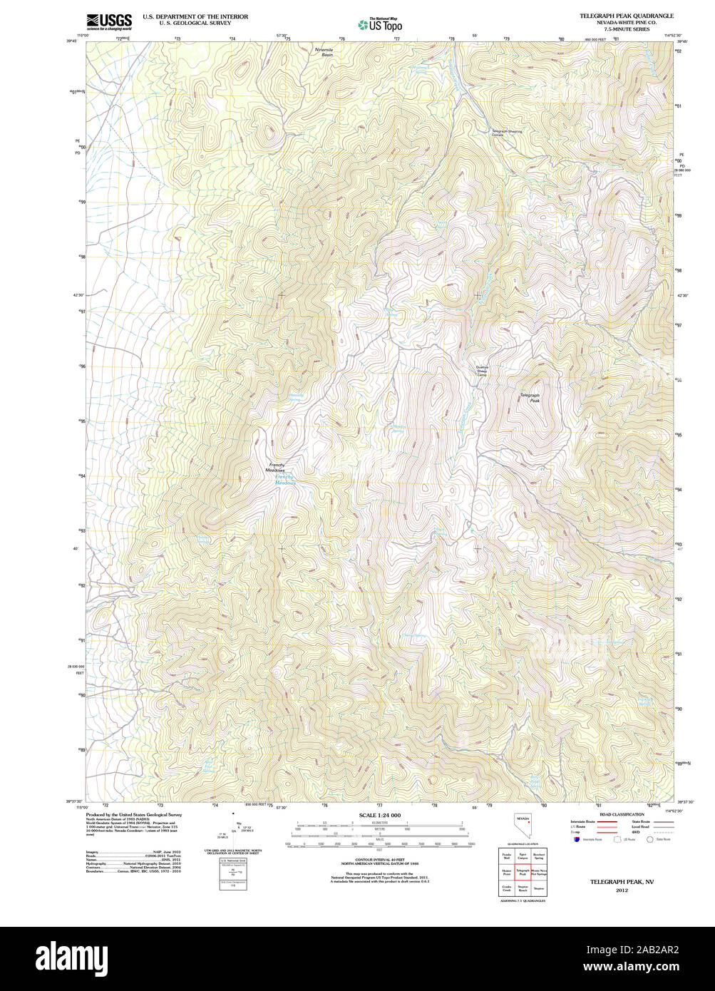 Carte TOPO USGS Nevada NV Telegraph Peak 20120113 Restauration TM Banque D'Images