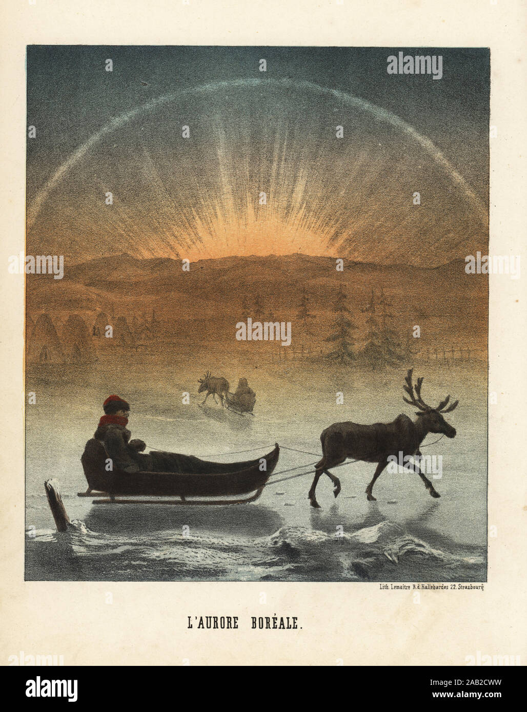 Laplander ou homme Sami sur un traîneau en face de l'Aurore boréale. Le traîneau est tiré par un renne en face de livre traditionnel des tentes. L'aurore boreale. Lithographie coloriée par Emile Lemaitre de Munerelle's Les Phenomenes et Curiosites de la nature (les phénomènes naturels et leurs curiosités), Libraire Derivaux, Strasbourg, 1856. Banque D'Images Laplander ou homme Sami sur un traîneau en face de l'Aurore boréale. Le traîneau est tiré par un renne en face de livre traditionnel des tentes. L'aurore boreale. Lithographie coloriée par Emile Lemaitre de Munerelle's Les Phenomenes et Curiosites de la nature (les phénomènes naturels et leurs curiosités), Libraire Derivaux, Strasbourg, 1856. Banque D'Images