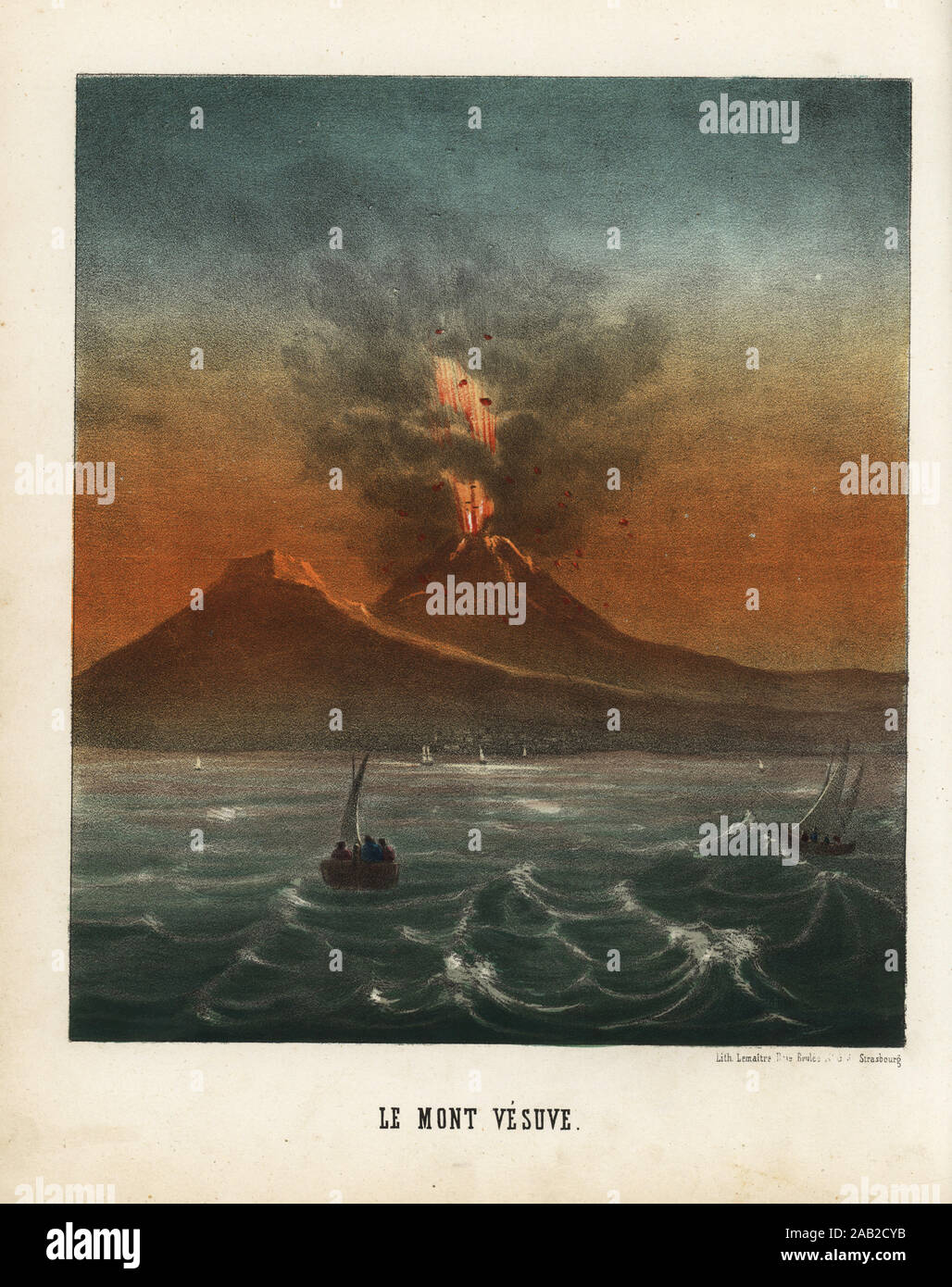 L'éruption volcanique du Vésuve le 1er mai 1855. Les touristes en voiliers regardant l'éruption de la baie de Naples. Le mont Vésuve. Lithographie coloriée par Emile Lemaitre de Munerelle's Les Phenomenes et Curiosites de la nature (les phénomènes naturels et leurs curiosités), Libraire Derivaux, Strasbourg, 1856. Banque D'Images