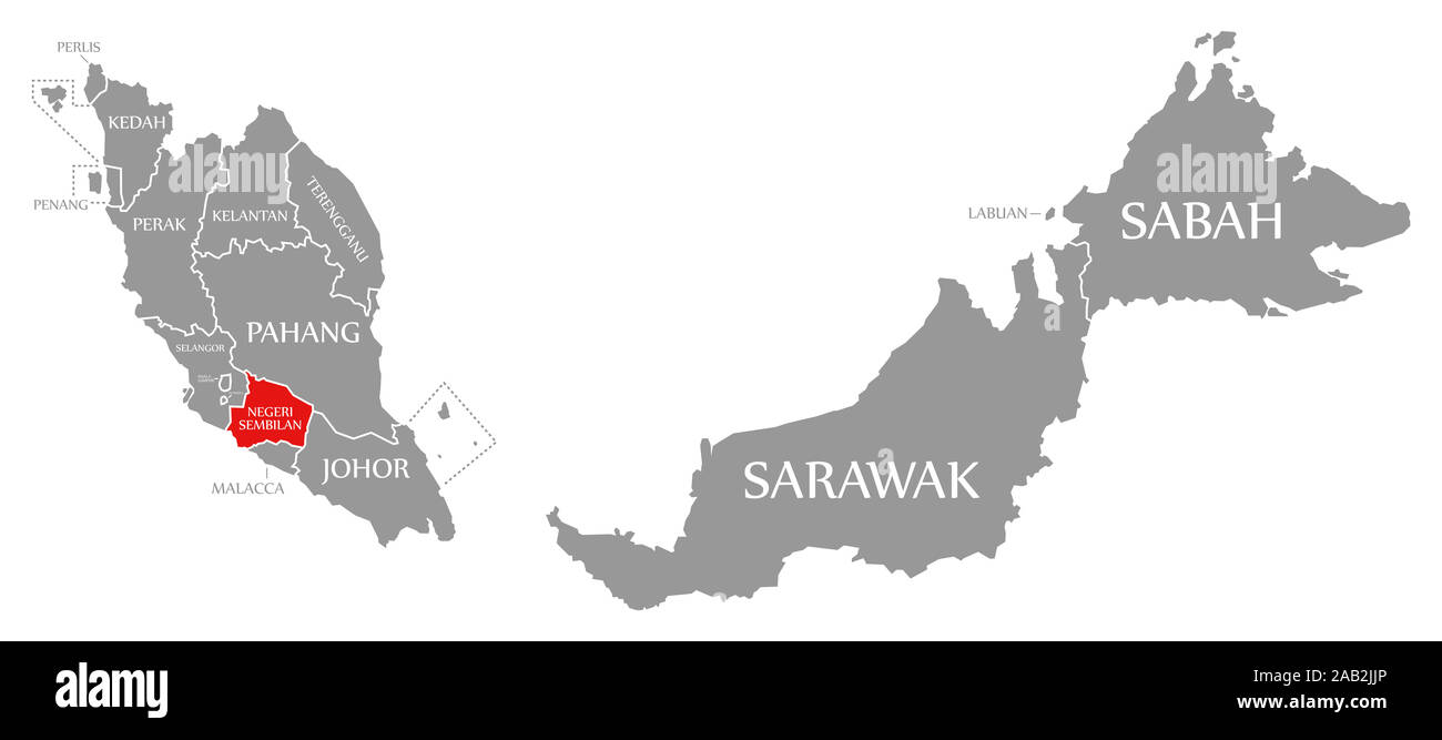 Negeri Sembilan en surbrillance rouge dans la carte de la Malaisie Banque D'Images