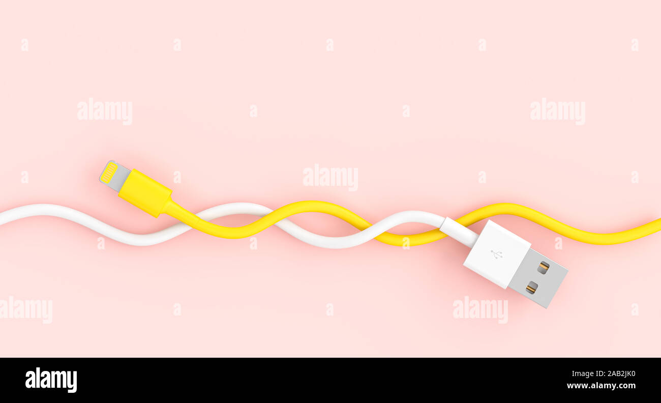 Nous câble blanc et jaune liés entre eux sur un fond rose. Image 3D concept de connexion. Banque D'Images