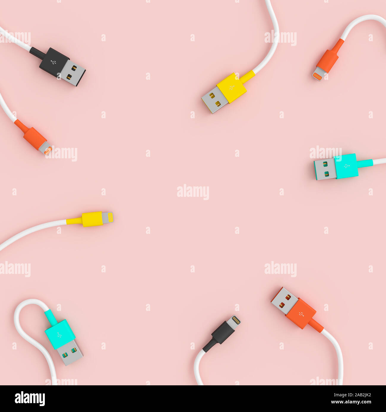 Câbles USB colorés sur fond rose en télévision jeter style. L'image de rendu 3D Banque D'Images