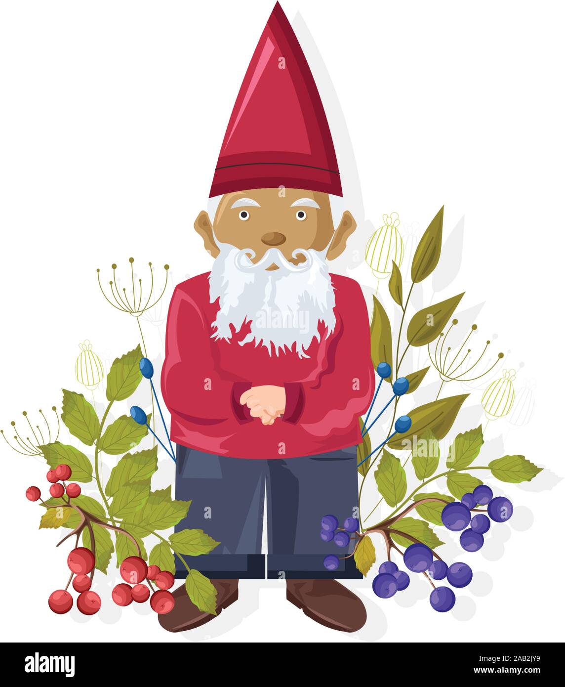 Caricature avec nain bleu coloré et baies rouges près de lui. Feuilles vertes. L'idée d'aliments sains. Vector Illustration de Vecteur