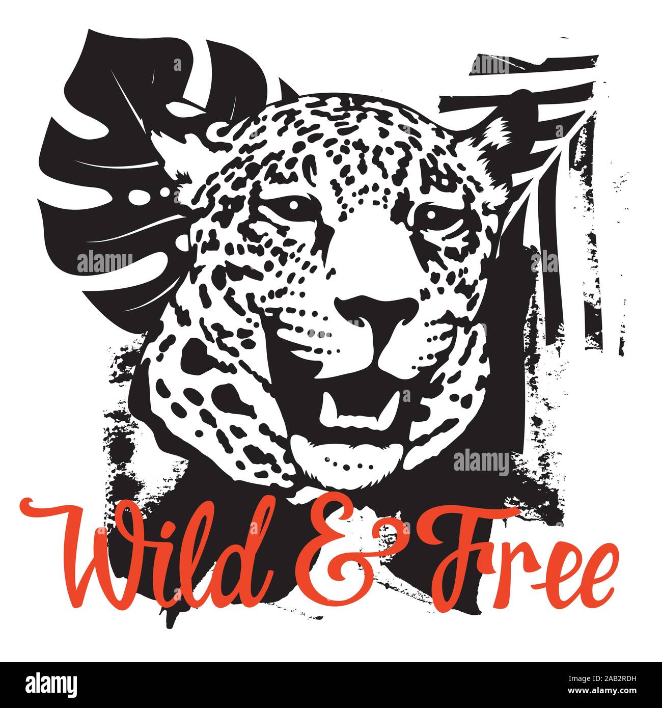 T-shirt et vêtements conception avec une tête de léopard, sauvage et libre inscription calligraphique et feuilles tropicales. Concept Graphic Tee Illustration de Vecteur
