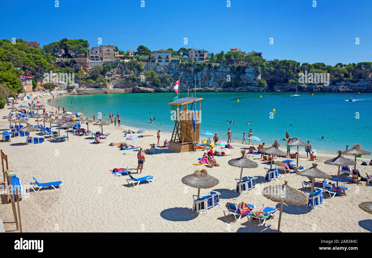 Plage de baignade à Porto Christo, Manacor, Majorque, îles Baléares, Espagne Banque D'Images