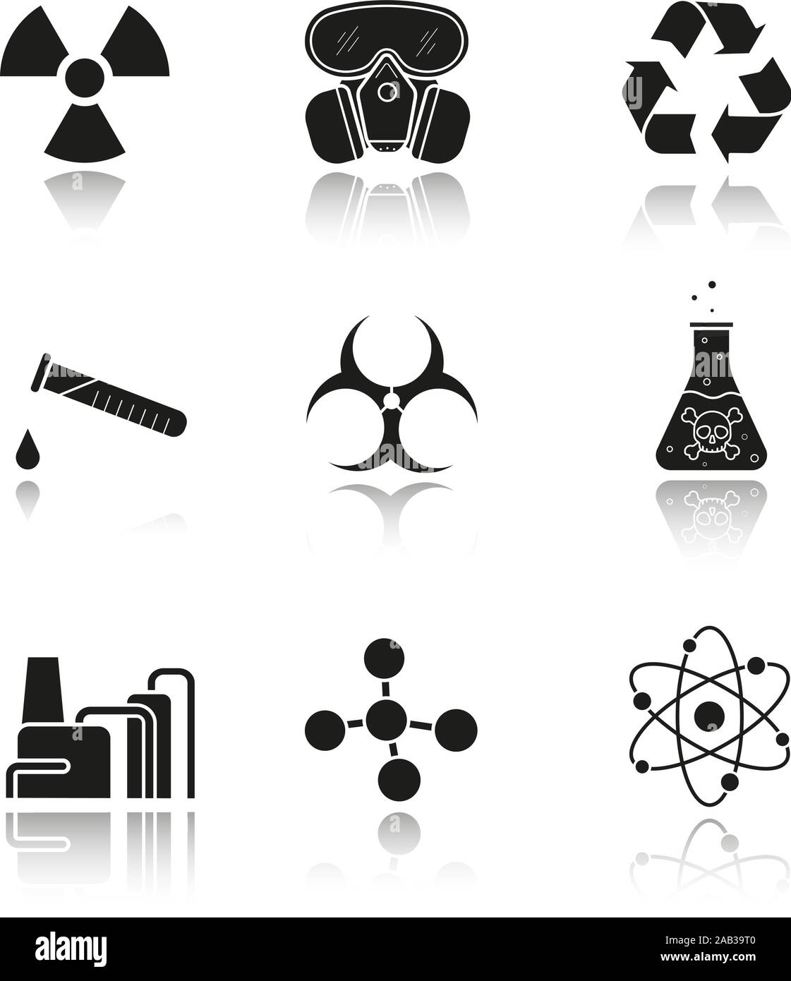 L'ombre porte de l'industrie chimique icnes noires. Masque  gaz, symbole  de recyclage chimique, tube  essai, danger Poison liquide, la pollution  industrielle. Biohazard et mo Image Vectorielle Stock - Alamy