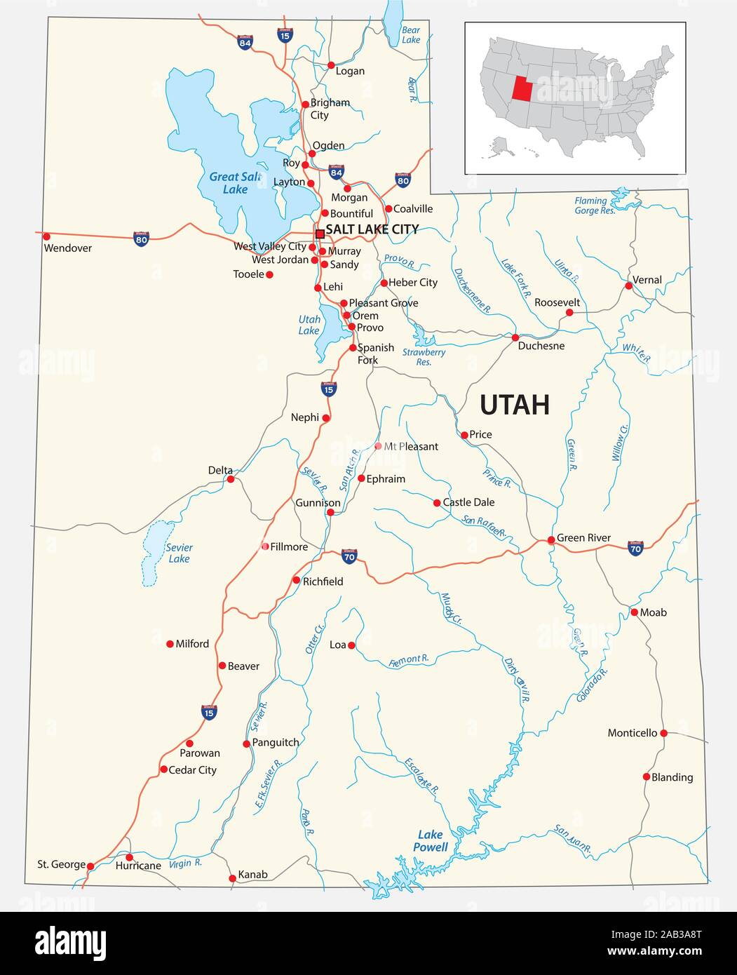 Carte routière de l'État américain de l'Utah, États-Unis Illustration de Vecteur