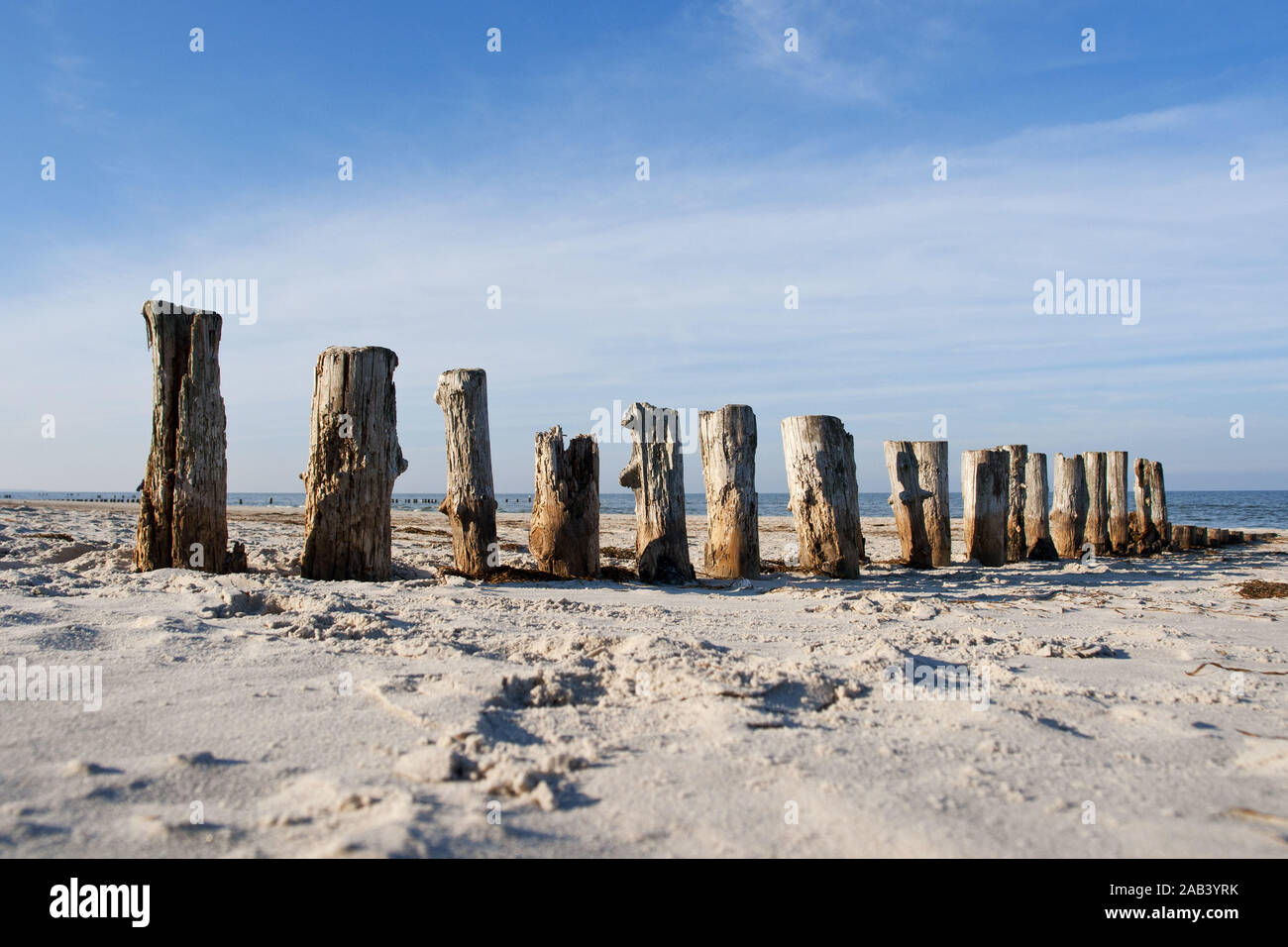 Un Strandabschnitt Holzbuhnen Alte einem an der Ostsee |vieux bois épis sur une plage de la mer Baltique| Banque D'Images