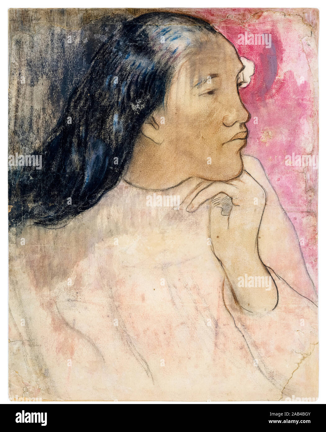 Paul Gauguin, UNE Tahitienne avec une fleur dans ses cheveux, portrait dessin , 1891-1892 Banque D'Images Paul Gauguin, UNE Tahitienne avec une fleur dans ses cheveux, portrait dessin , 1891-1892 Banque D'Images