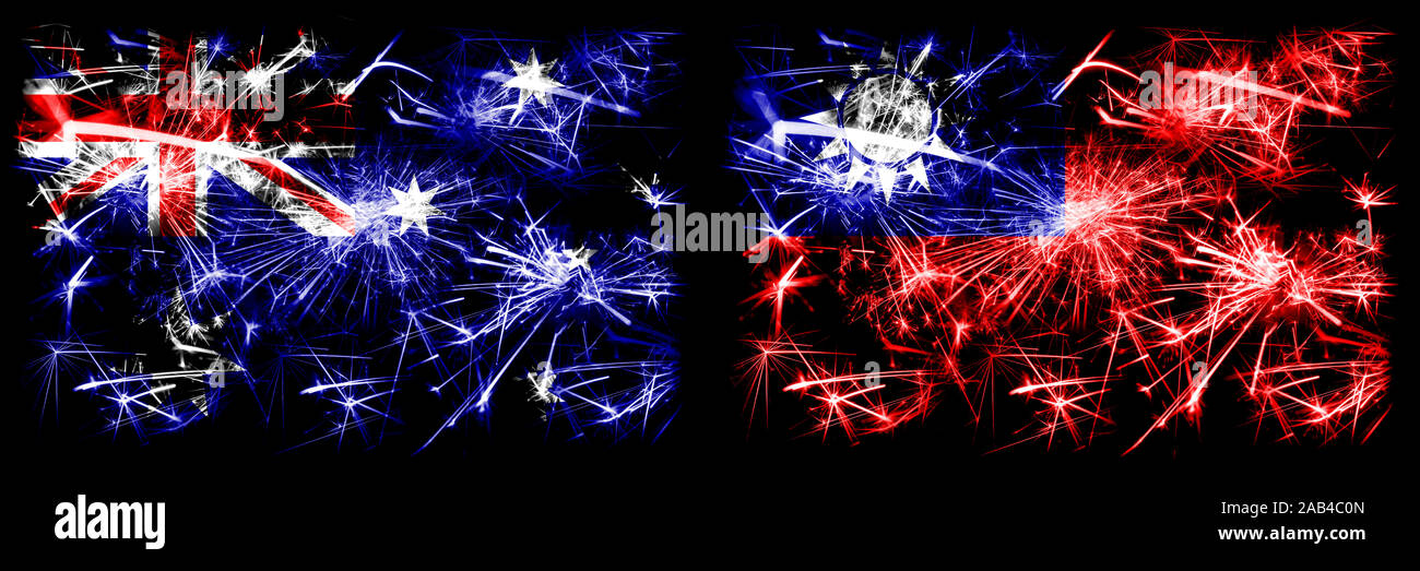 L'Australie, Taiwan, Ozzie vs célébration du Nouvel An taïwanais drapeaux fireworks mousseux fond concept. Combinaison de deux états abstraits des drapeaux. Banque D'Images