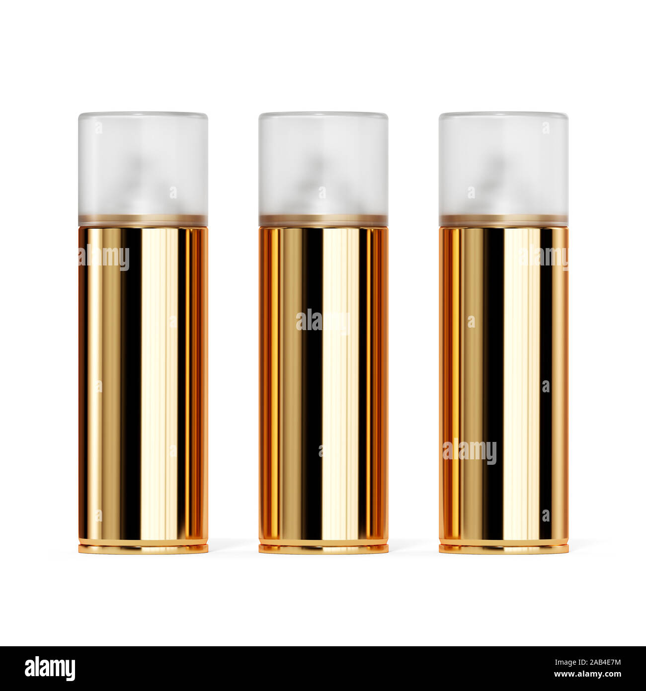 3D render of blank golden spray paint cans avec capuchon. Isolé sur fond blanc Banque D'Images