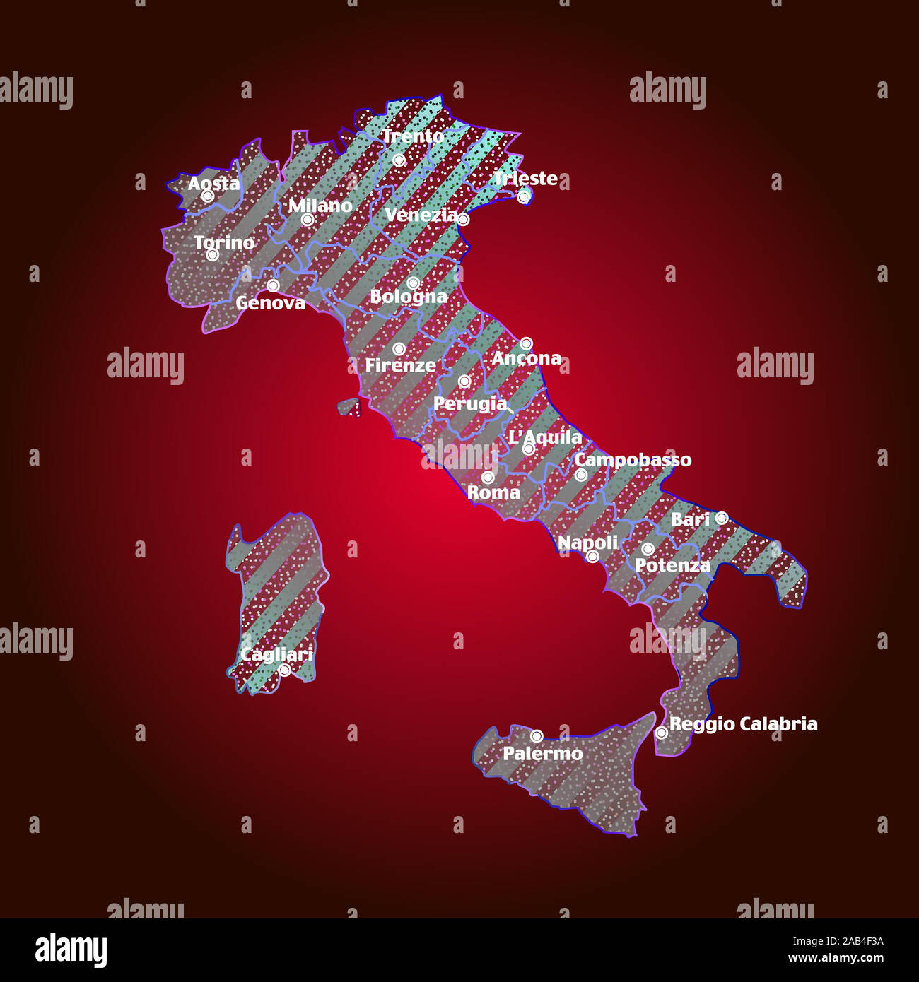 Carte de l'Italie. Illustration lumineuse colorée avec la carte italienne. Italie carte avec les régions italiennes. Illustration avec fond transparent. Banque D'Images