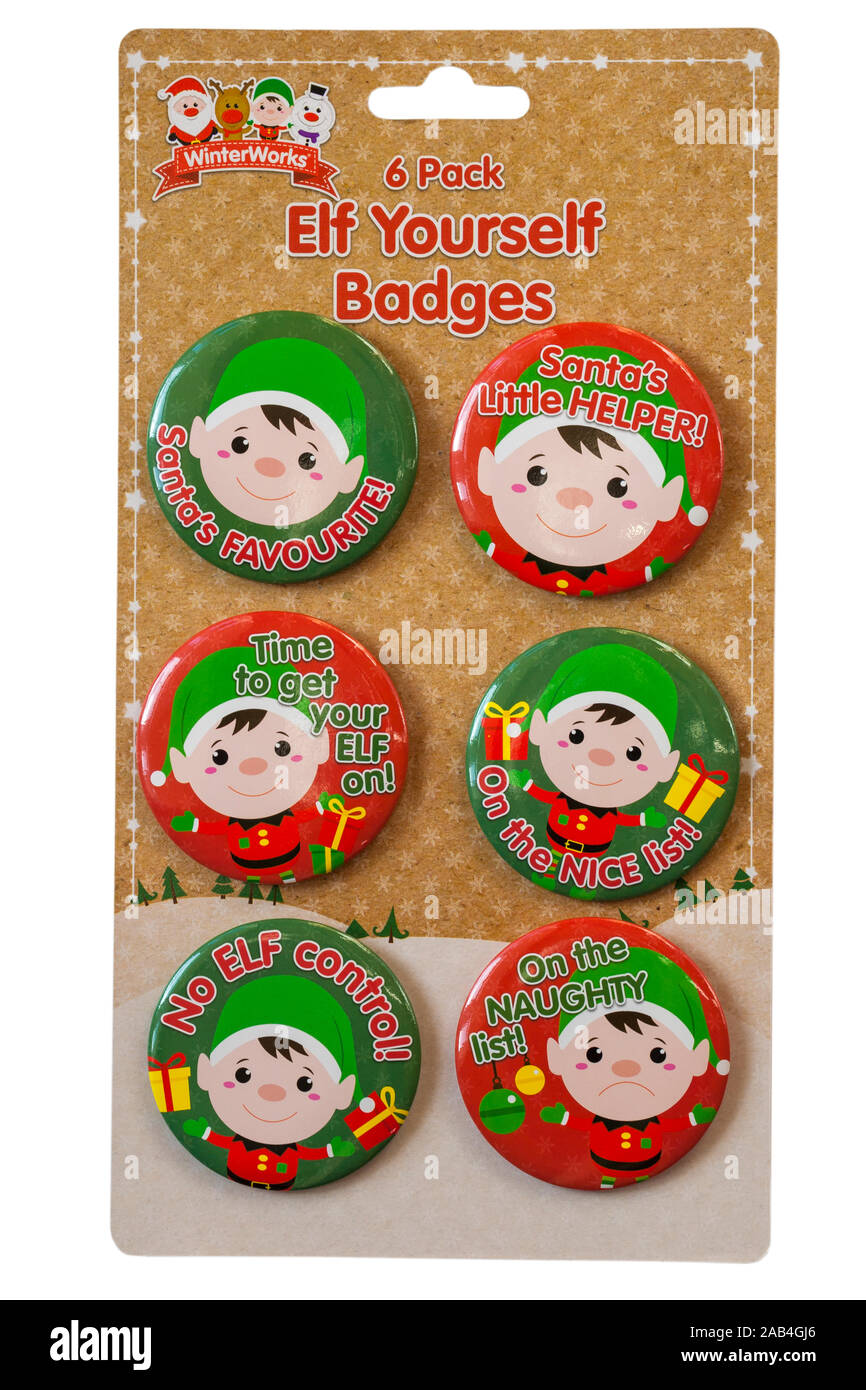 Pack 6 badges Elf Yourself - ronde rouge et verte d'insignes, badges, broches isolé sur fond blanc - pour porter à Noël Banque D'Images