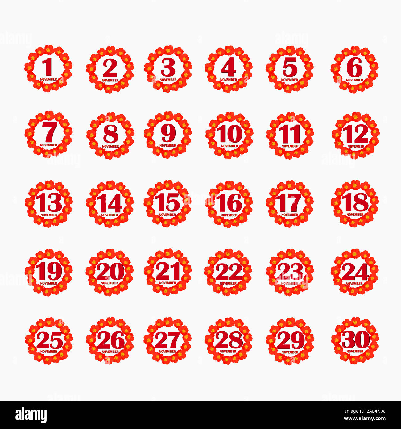Ensemble de boutons avec des dates de calendrier pour le mois de novembre. Pour la planification des journées importantes. Des bannières pour les jours fériés et les jours spéciaux. Illustration avec fond blanc. Banque D'Images