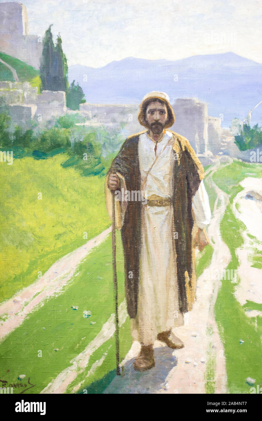 Toile "Christ sur les rives du lac, Genisaret' par C. Polénov. Jésus Christ est la marche le long de la route. Banque D'Images