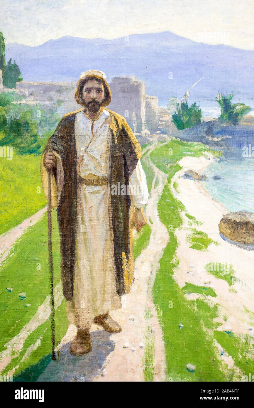 Toile "Christ sur les rives du lac, Genisaret' par C. Polénov. Jésus Christ est la marche le long de la route. Banque D'Images