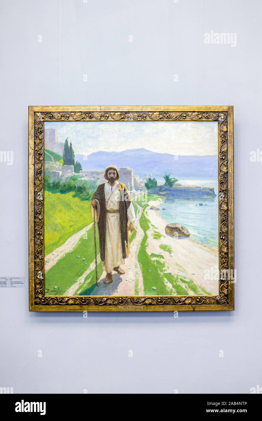 Toile "Christ sur les rives du lac, Genisaret' par C. Polénov encadré. Jésus Christ est la marche le long de la route. Banque D'Images