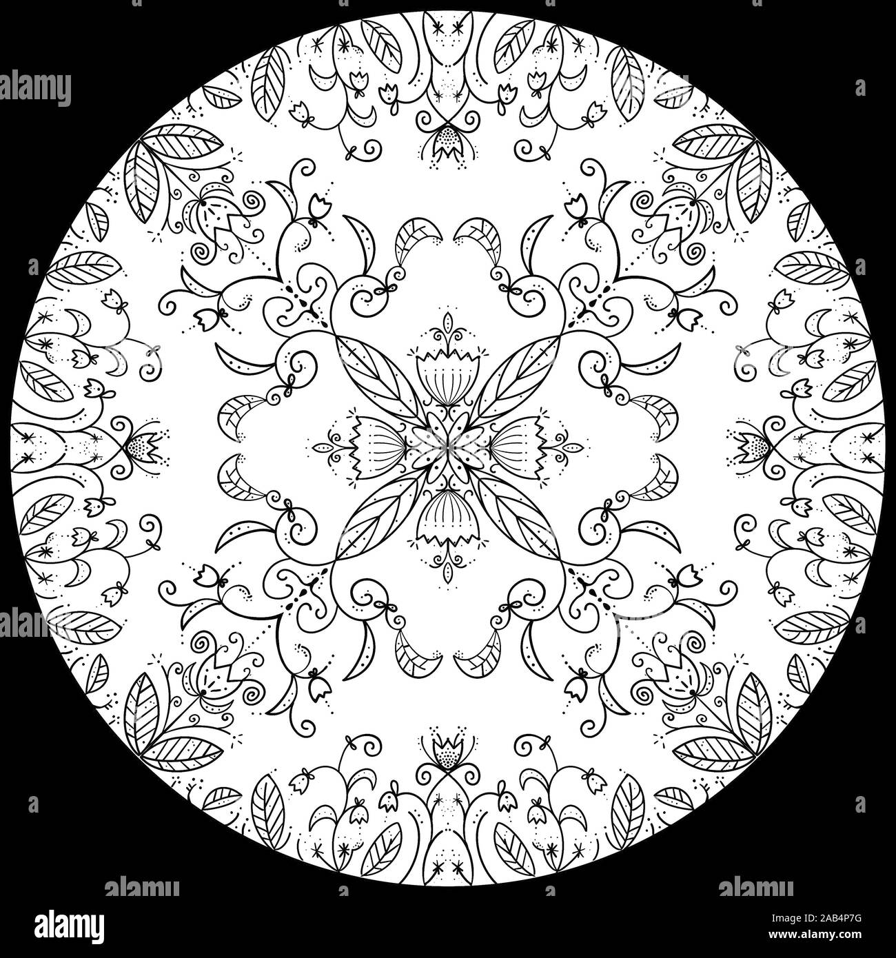 Symetric mandala. Monochromatique. Fleur, feuillage. Boho, romantique. Bandana Banque D'Images