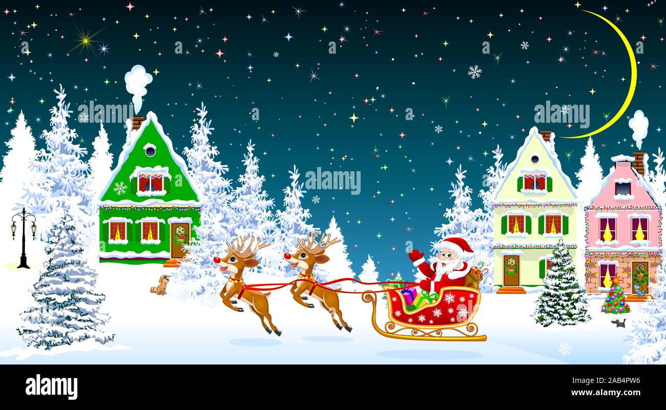 Père Noël sur un traîneau avec des cerfs sur l'arrière-plan de maisons et forêt. Père Noël avec présente sur un traîneau. Maisons, neige, sapins enneigés. Des flocons de neige. Wint Illustration de Vecteur
