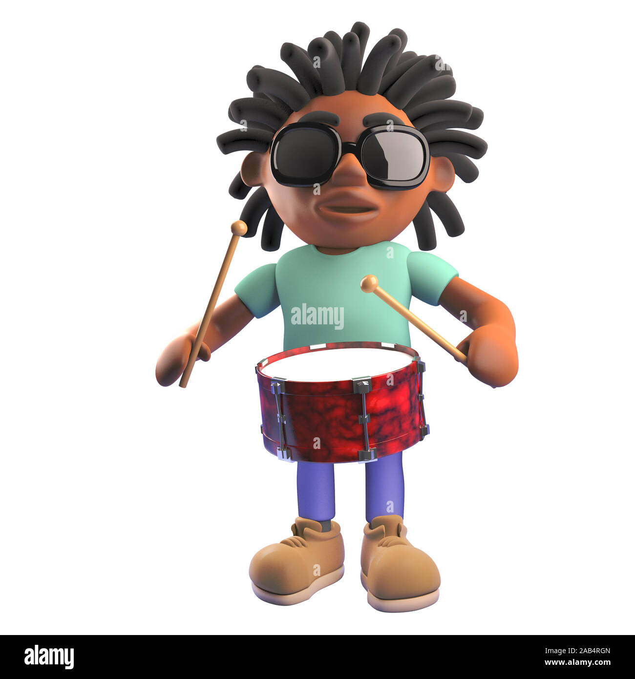 3d Dessin animé homme noir avec des dreadlocks à jouer de la batterie, 3d illustration rendre Banque D'Images