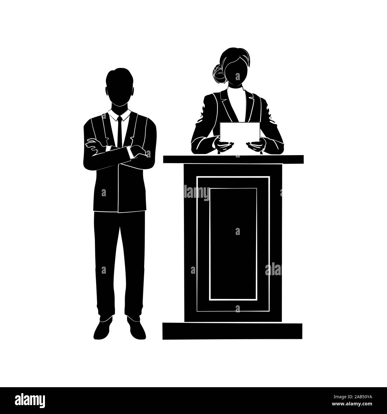 Business Woman debout derrière la chaire et la lecture des nouvelles pour l'auditoire. Présentation de produit ou annonce pour les employés de l'entreprise concept. Vector Illustration de Vecteur