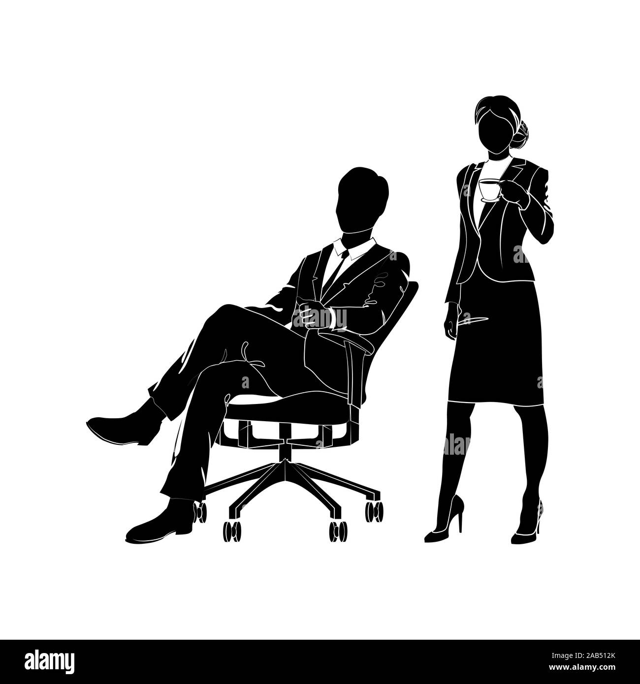 Homme d'affaires, manager est assis dans une chaise de bureau vecteur. Businesswoman est debout avec une tasse de café ou de thé noir sur fond blanc. Illustration de Vecteur