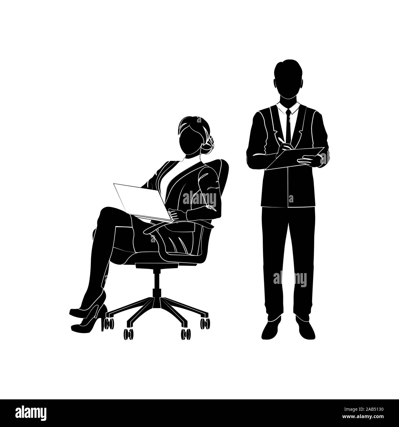 Femme d'affaires, manager est assis dans une chaise de bureau avec un ordinateur portable. Businessman holding clipboard et l'écriture. Vector illustration noir sur fond blanc Illustration de Vecteur
