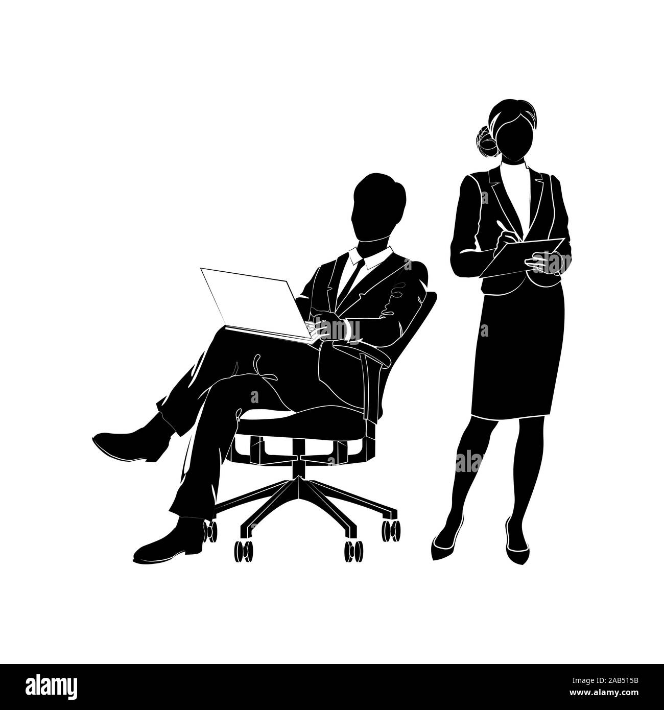 Homme d'affaires, manager est assis dans une chaise de bureau avec un ordinateur portable. Businesswoman holding clipboard et l'écriture. Vector illustration noir sur fond blanc Illustration de Vecteur
