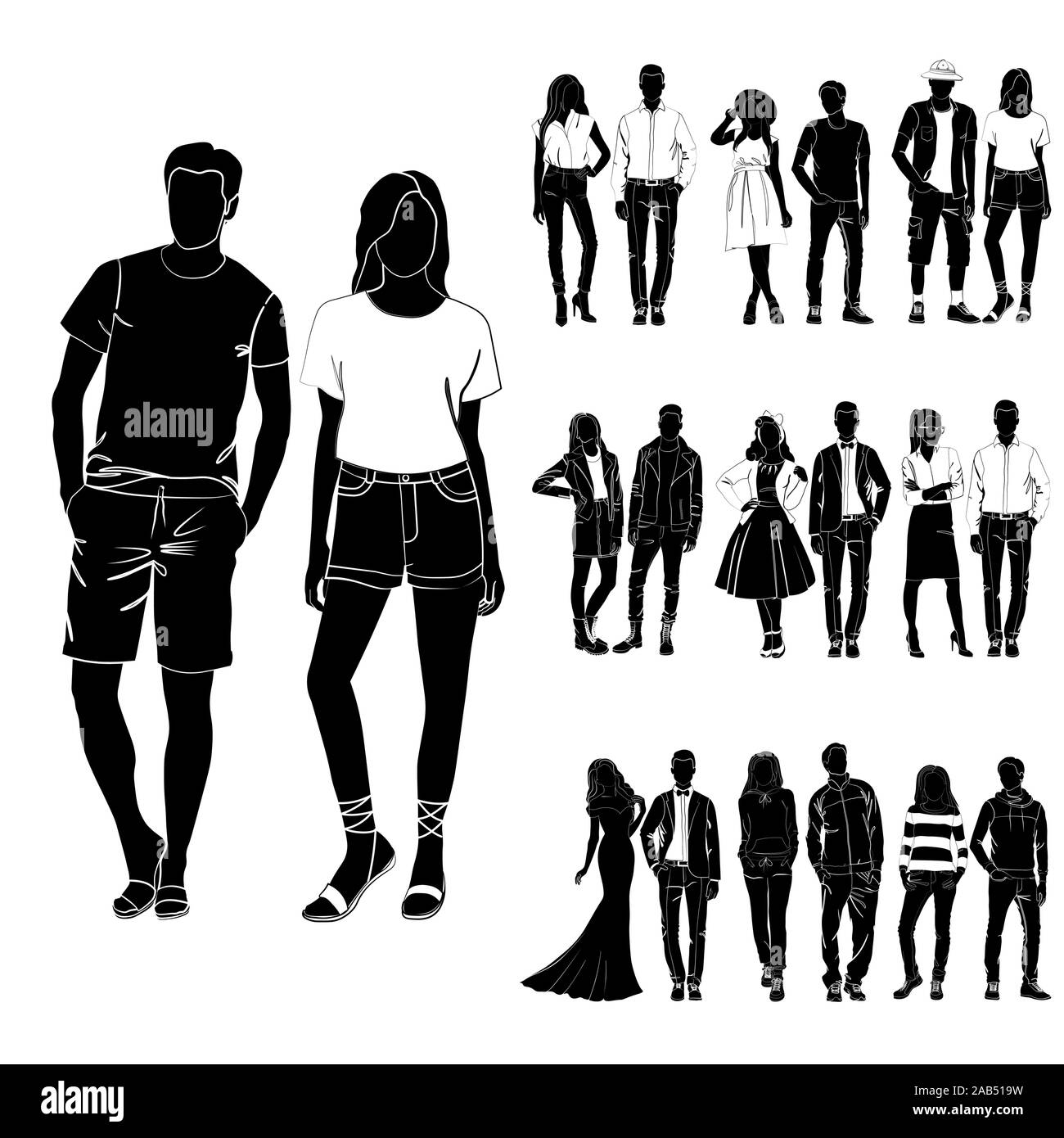 Ensemble de types et les filles à la mode vecteur. L'homme et de la femme à la mode vecteur. Les jeunes couples à la mode. Concept de mode vector noir sur le fond blanc Illustration de Vecteur