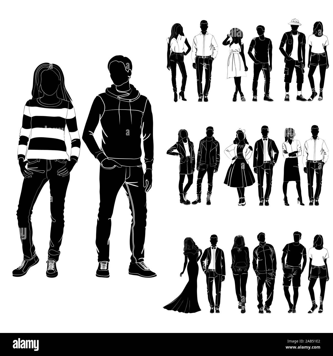 Ensemble de types et les filles à la mode vecteur. L'homme et de la femme à la mode vecteur. Les jeunes couples à la mode. Concept de mode vector noir sur le fond blanc Illustration de Vecteur