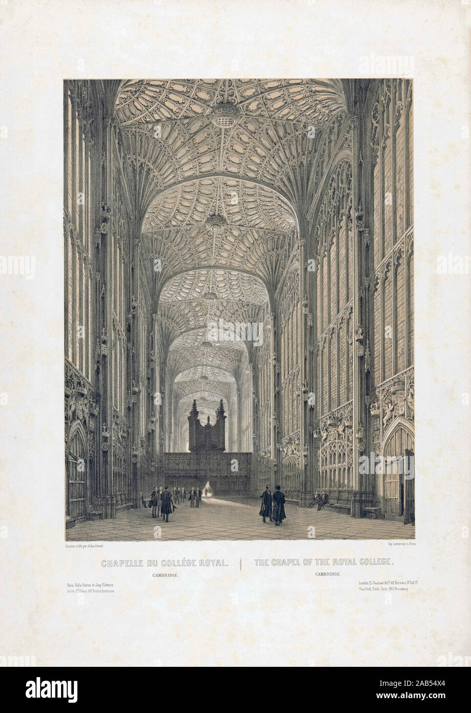 L'intérieur de King's College, Cambridge, Angleterre. Après un travail datant de 1850, par Louis Jules Arnout. Banque D'Images