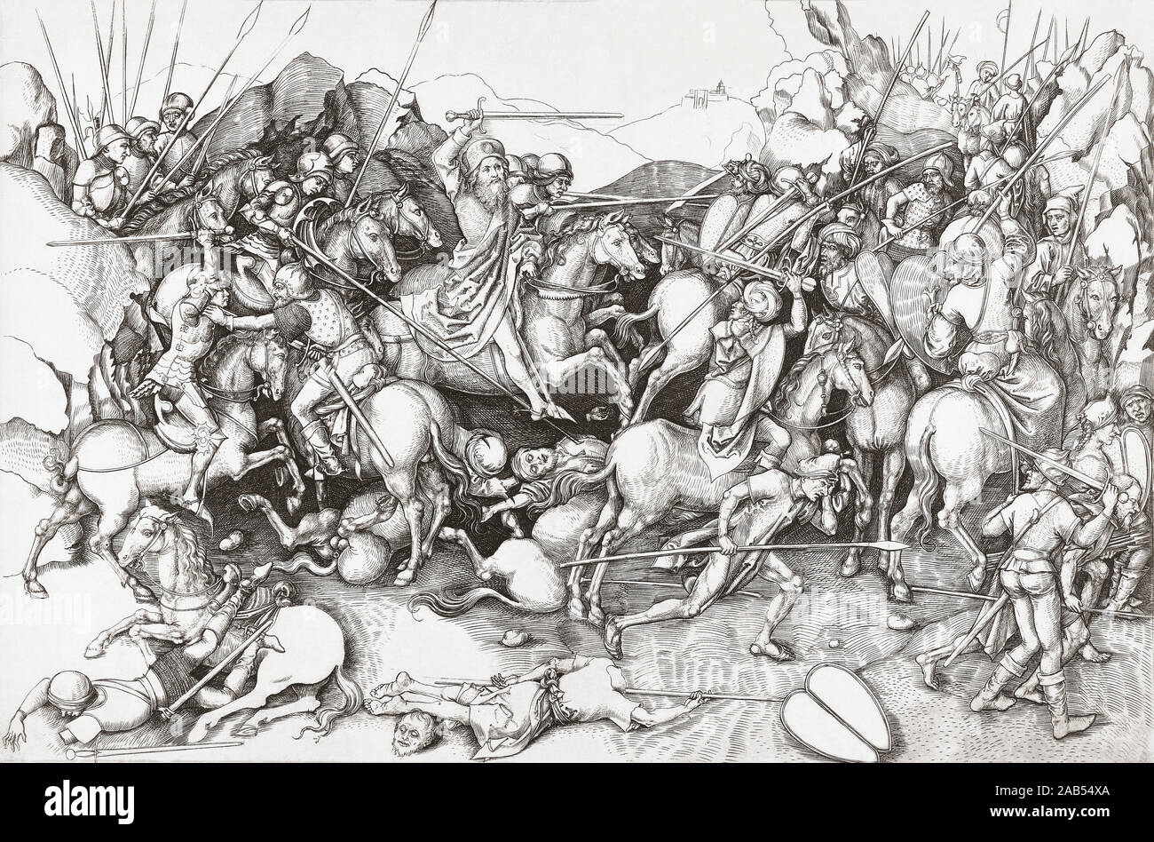 La bataille de Clavijo, l'Espagne, dont la légende prétend a eu lieu en 834 ou 835. En fait, la bataille entre un chrétien et un musulman de l'armée, l'armée n'est jamais arrivé. La légende prétend que Saint Jacques, l'apôtre de Jésus, qui est mort 800 ans avant l'événement supposé, apparaît sur un cheval blanc et a incité l'armée à la victoire chrétienne. Saint Jacques, le saint patron de l'Espagne, est connue en espagnol comme Santiago Matamoros, ou saint Jacques le Moor-killer. Après une gravure du 15e siècle, peut-être par Martin Schongauer. Banque D'Images