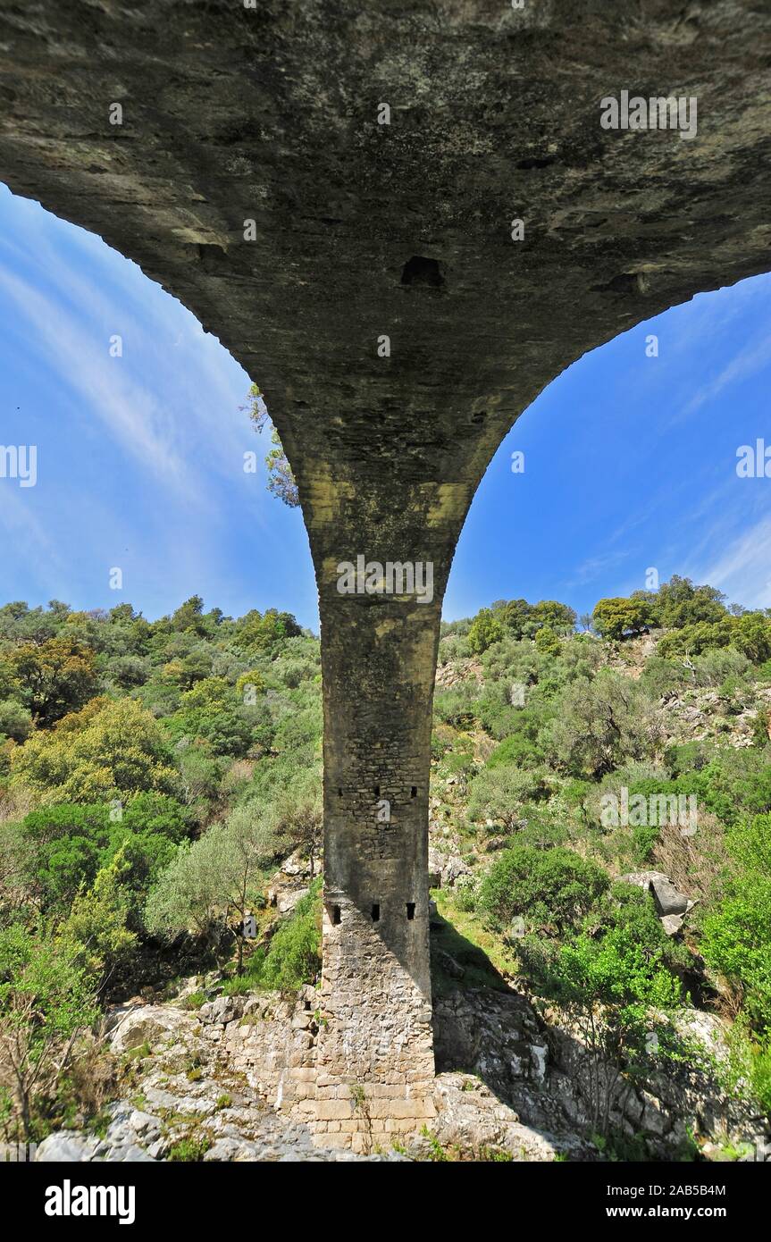 Ponte a Zaglia sur la rivière Ota dans la Spelunca canyon entre Porto et Evisa, Corse, France, Europe Banque D'Images