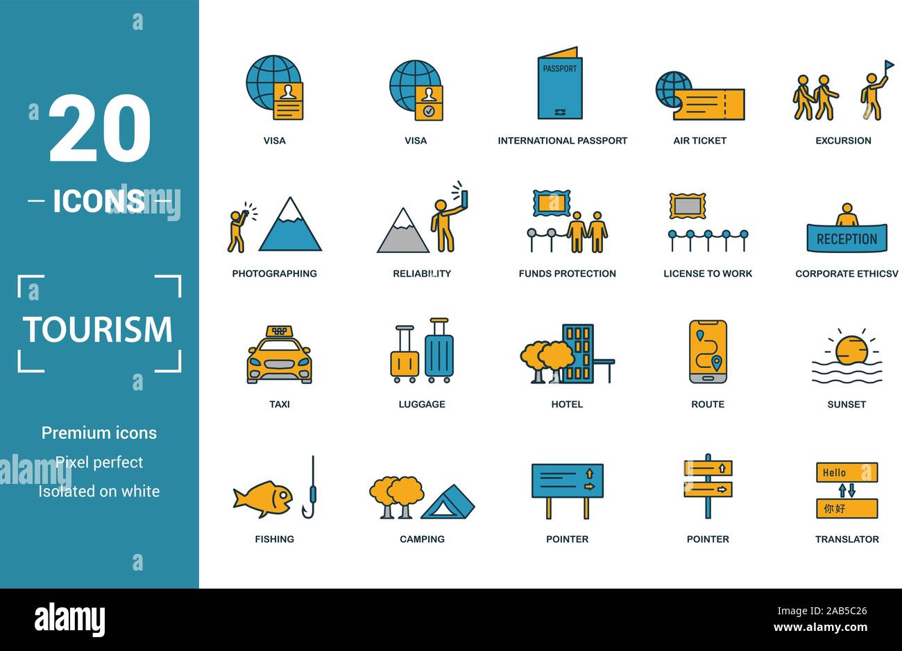 Tourisme icon set. Éléments de création : visa, passeport international, la photographie, l'exposition, les icônes de taxi. Peut être utilisé pour rapport, présentation Illustration de Vecteur