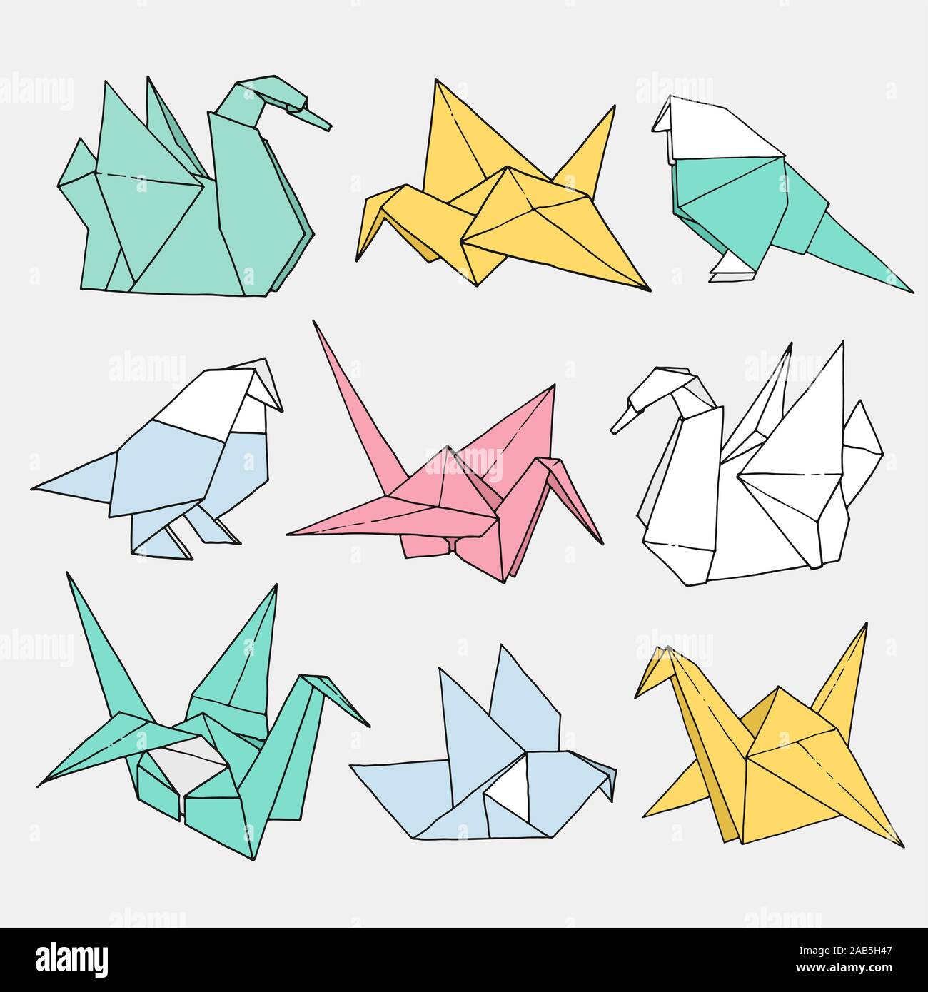 Des formes d'oiseaux Origami set vecteur dessiné à la main, papier couleur dossier art animal illustration isolé sur fond clair : crane, Swan, Dove, Parrot Illustration de Vecteur