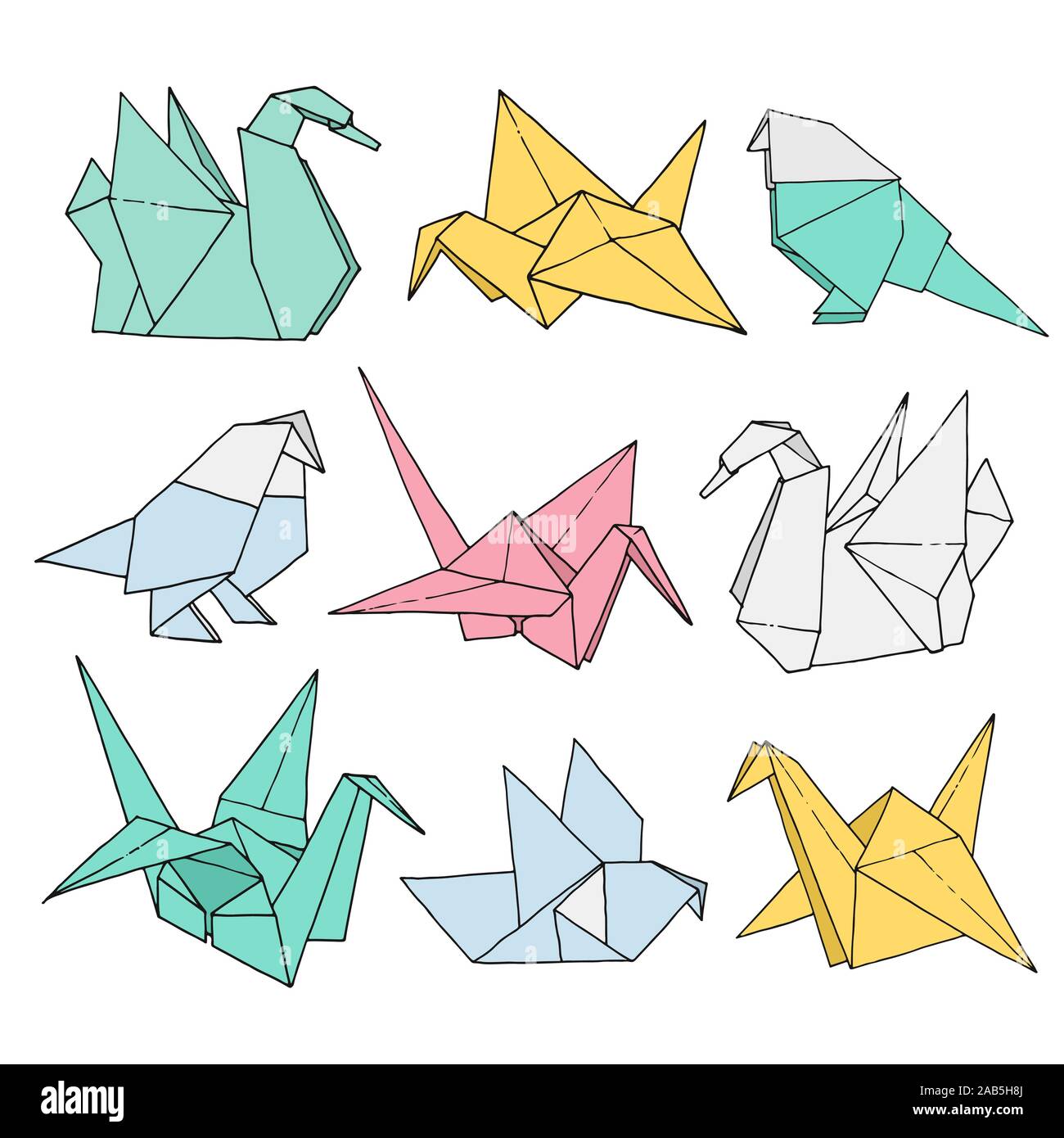 Des formes d'oiseaux Origami set vecteur dessiné à la main, papier couleur dossier art illustration animal isolé sur fond blanc : crane, Swan, Dove, Parrot Illustration de Vecteur
