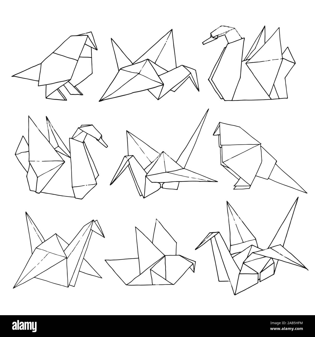 Des formes d'oiseaux Origami set vecteur dessiné à la main, papier couleur dossier art illustration animal isolé sur fond blanc : crane, Swan, Dove, Parrot Illustration de Vecteur