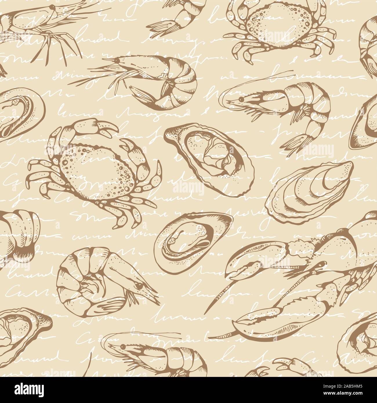 Fruits de mer transparente, modèle vecteur vecteur alimentaire contexte en croquis style : homards, crabes, crevettes, huîtres, moules. Contexte alimentaire beige avec abstra Illustration de Vecteur