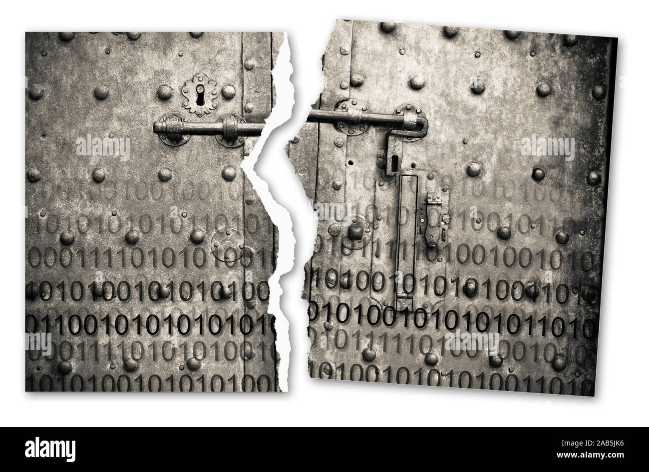 Violation du code secret file - notion de droit avec un code binaire contre une vieille porte en métal rouillé Banque D'Images