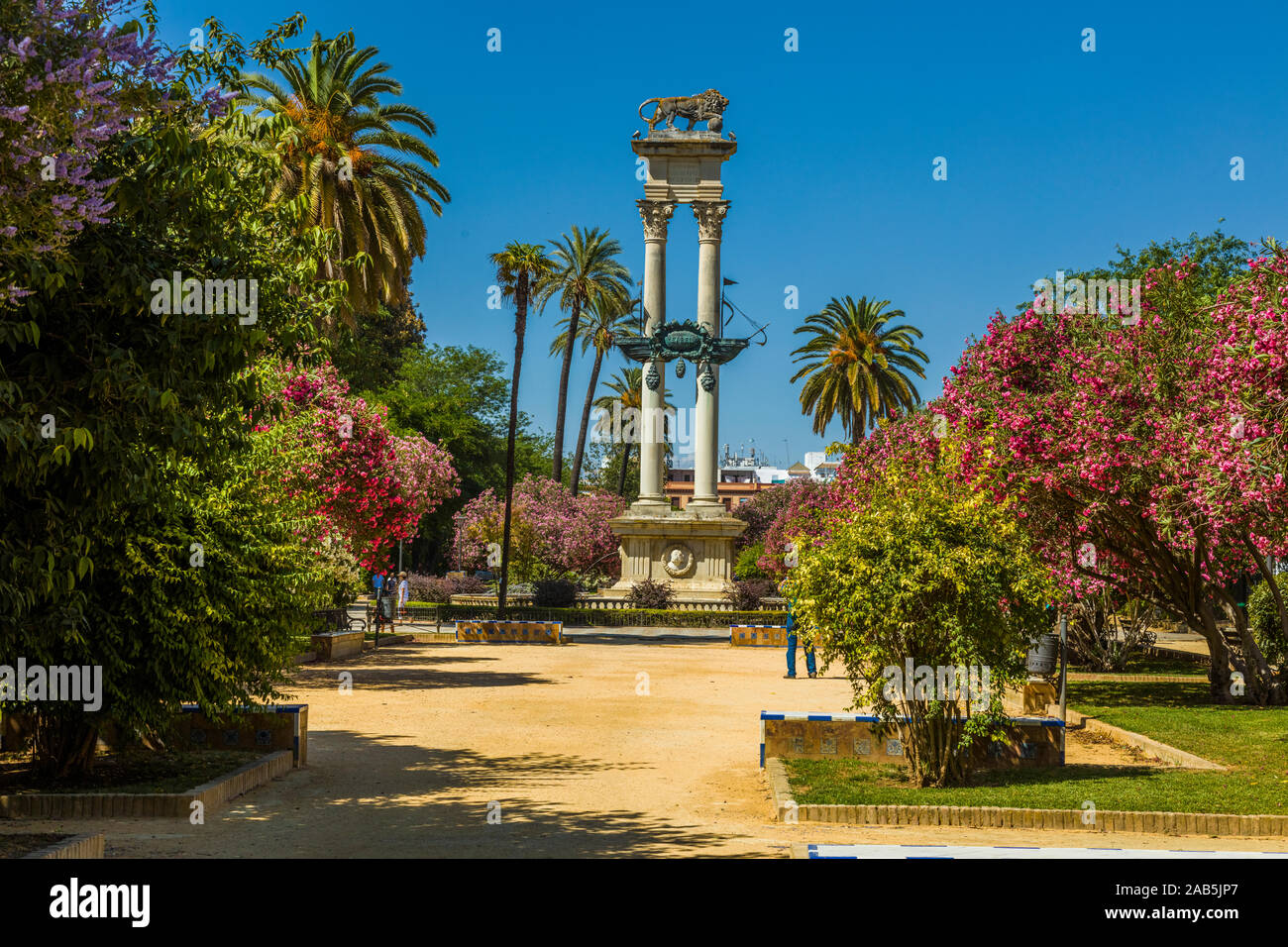 Monument à Christophe Colomb le Jardines de jardins de Murillo à Séville, Andalousie, Espagne, Europe. Banque D'Images