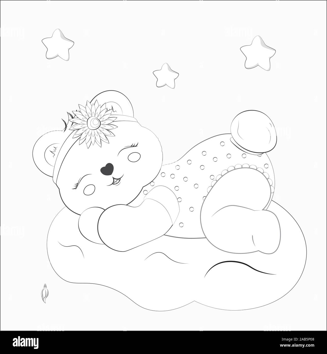 Dormir A Colorier Fille Bebe Ours Sur Le Cloud Avec Fleur Photo En Dessin A La Main Style Pour Douche De Bebe Carte De Vœux Invitation A Une Fete Fash Image Vectorielle