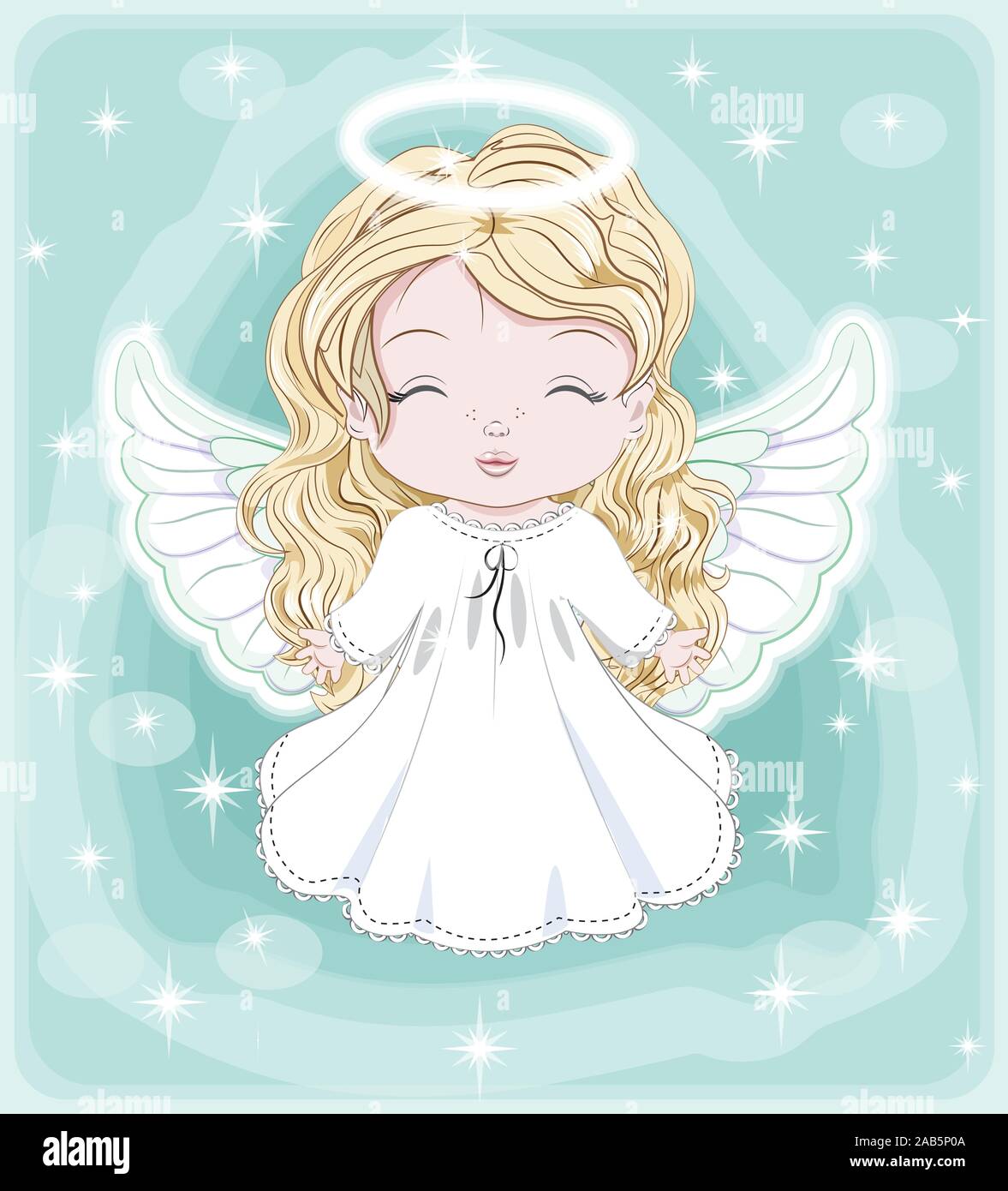 Beau, charmant petit bébé ange, en robe blanche avec don. Photo en Dessin à la main, de style cartoon cute pour Noël et Nouvel an. Maison de vacances Greet Illustration de Vecteur