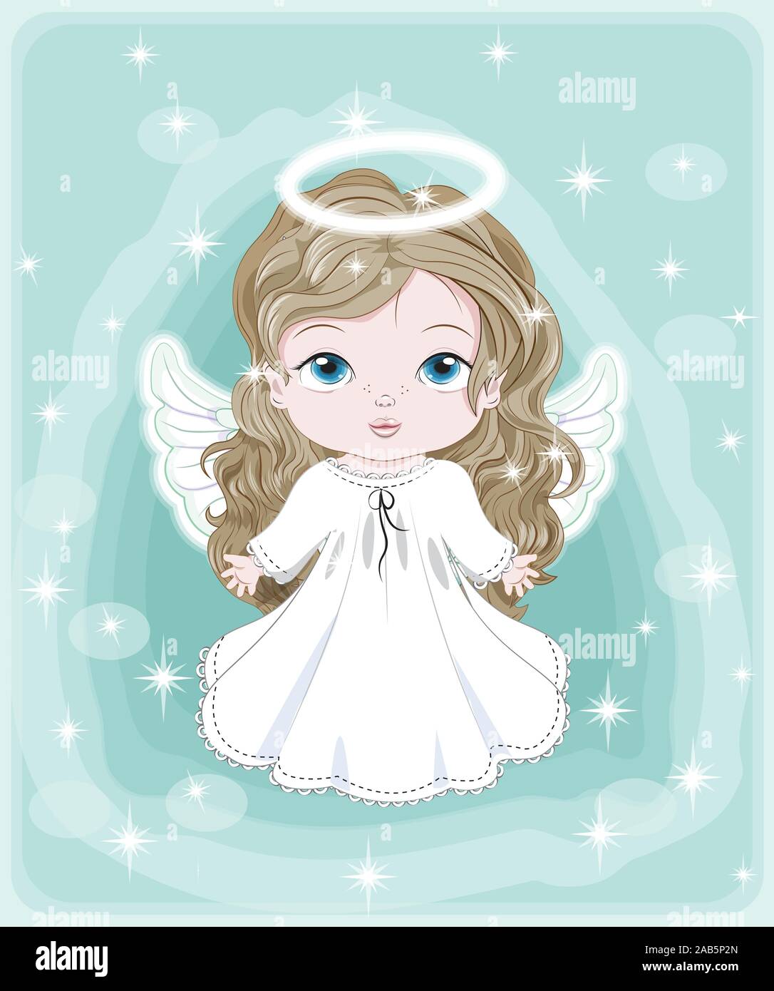 Beau Charmant Petit Bebe Ange En Robe Blanche Photo En Dessin A La Main De Style Cartoon Cute Pour Noel Et Nouvel An Maison De Vacances Carte De Vœux Image Vectorielle Stock