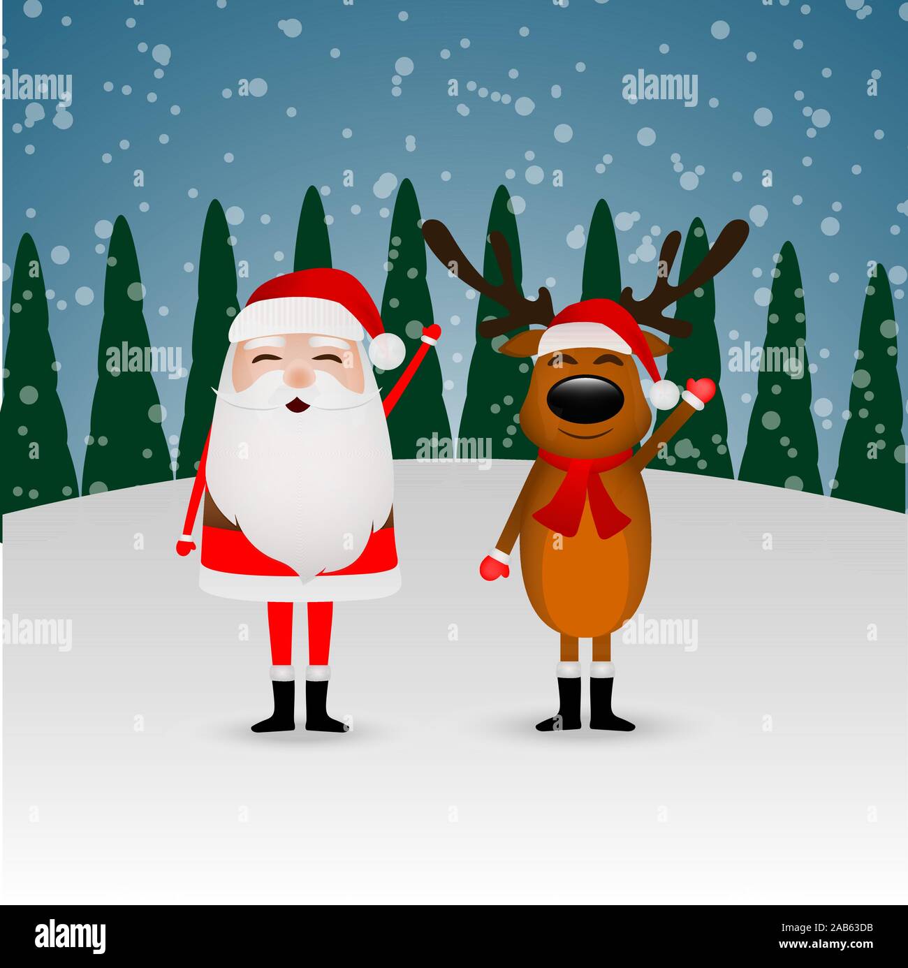 Le Père Noël et renne rigolo dans une forêt d'hiver sur une colline vague  leur main Image Vectorielle Stock - Alamy