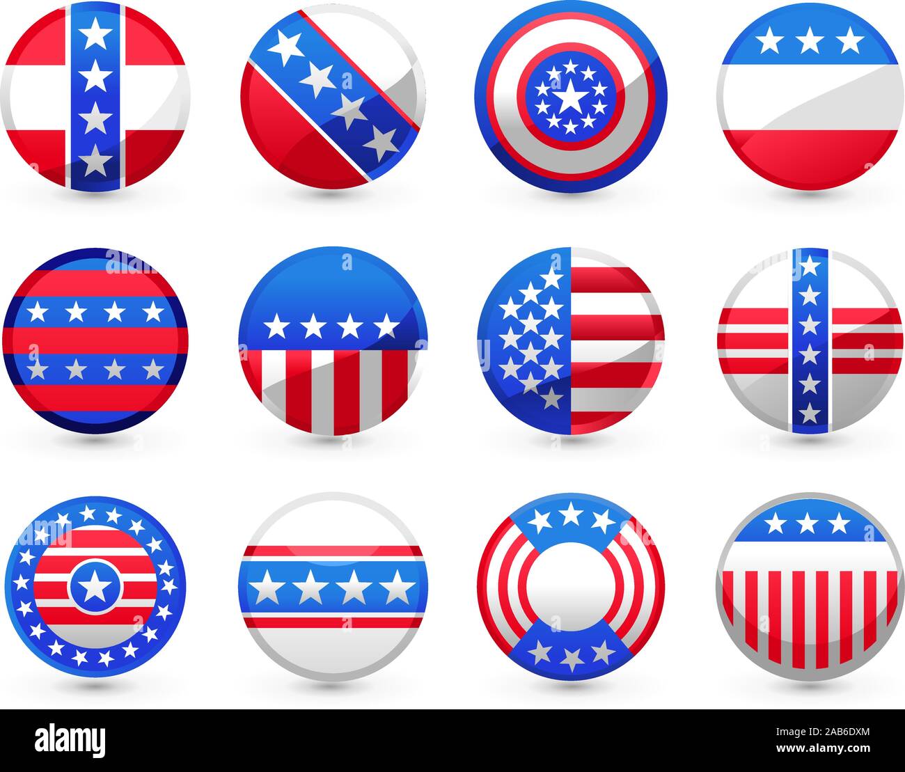 12 Boutons USA dans différents motifs américains vector illustration, en rouge et bleu, avec des étoiles blanches et drapeau américain. Illustration de Vecteur